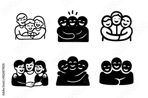 Joyful Connection Logos. People in moments of laughter and camaraderie. Icon set. Set Logo of joyful connection: group hug. harmonious logo variations of the