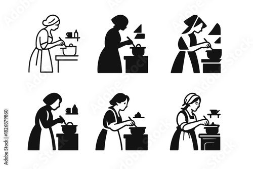 Farmhouse Cooking Logos. A farmer?s wife cooking a hearty meal in a farmhouse kitchen. Icon set. Set Logo of rustic home life: woman stirring pot on stove.