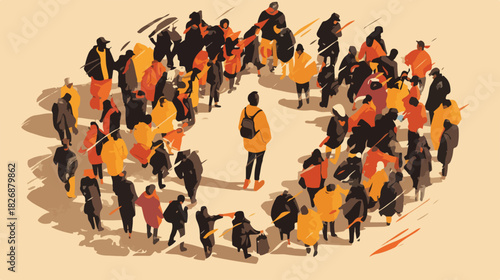 Un individuo aislado en el centro de un círculo de personas, representando la soledad o la individualidad.