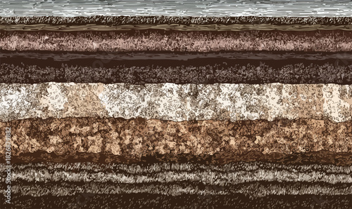 Ilustración vectorial de capas geológicas del suelo con texturas de tierra, roca y sedimentos naturales.