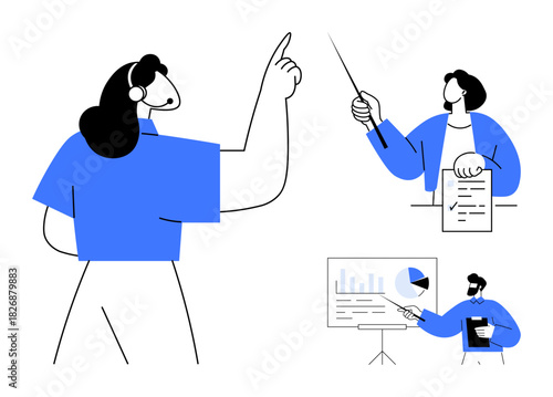 Three individuals collaborating, presenting ideas, analyzing data on a chart. Ideal for teamwork, leadership, strategy, education, communication data analysis professional training. Simple flat