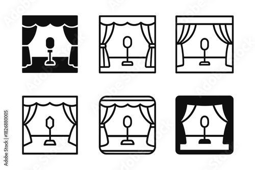 Theater Rehearsal Logos. Theater rehearsal scene. Icon set. Set Logo of Theater rehearsal scene: stage with ghost light. harmonious logo variations of the same