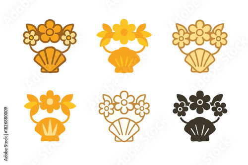 Summer Accessories Icons. Flower crown and summer accessories. Icon set. Set Logo of seasonal style: seashell necklace with bloom. harmonious logo variations