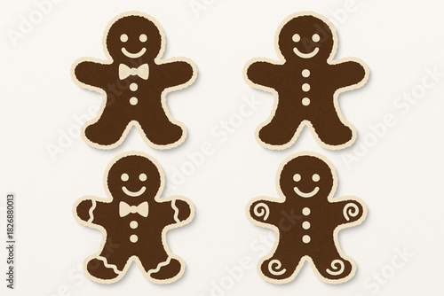 Christmas gingerbread man icons torn vector ripped style with bowtie buttons candy on white background