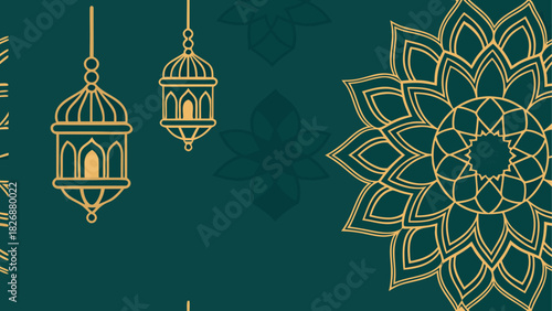 Golden lanterns and floral design on green background