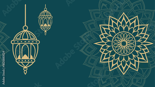 Decorative lanterns and mandala on teal background
