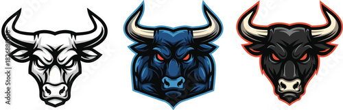 Angry Bull Head Mascot Logo Set Vector Illustration, Featuring Three Styles: Monochrome, Blue, and Black, Representing Power, Strength, Sports Team Branding, Finance Market, and Aggression