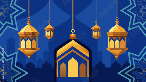 Golden lanterns and mosque on a blue background