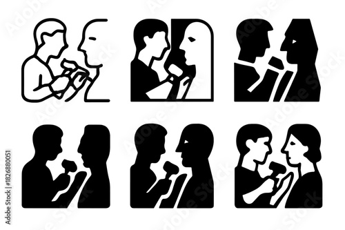 Sculptor Logo Variations. Sculptor working on a stone statue. Icon set. Set Logo of sculptor working on a stone statue: statue face profile. harmonious logo