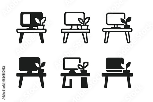 Remote Work Icons. Remote work setups and home office environments. Icon set. Set Logo of Remote work setups and home office environments: desk
