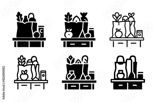Groceries Logo Icons. Putting groceries away. Icon set. Set Logo of putting groceries away: kitchen counter with bags, cans, and produce arranged neatly.