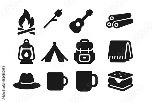 Campfire Fun Icons. Campfire fun. Solid icon set of campfire fun: campfire, marshmallow, roasting stick, guitar, logs, lantern, tent, backpack, blanket, hat,