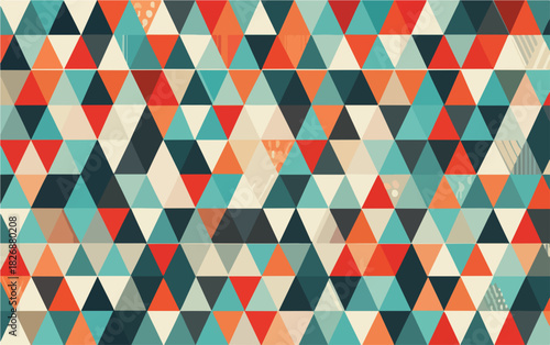 Patrón abstracto geométrico vectorial con triángulos de colores vibrantes y estilo retro, ideal para fondos y diseños modernos.