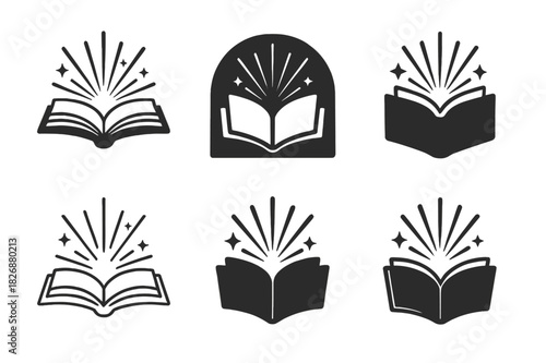 Magical Spellbook Logos. Magical transformation. Icon set. Set Logo of magical transformation: spell book opening with light. harmonious logo variations of the