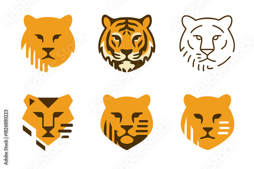 Wildlife Protection Logos. Endangered species. Icon set. Set Logo of wildlife protection: tiger face with fading stripes. harmonious logo variations of the