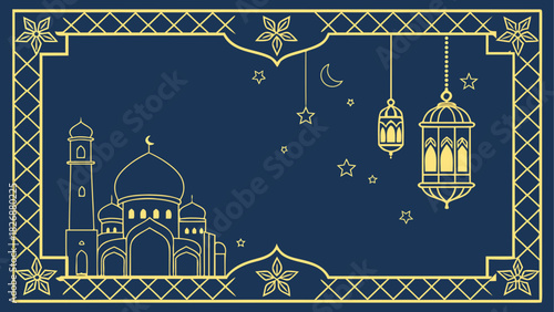 Illustration of mosque with lanterns and stars