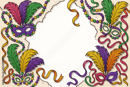 Carnival accessories feather fans beads ribbons torn vector rugged openings festive colors on white background
