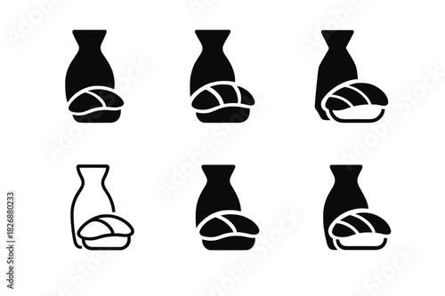 Sake Sushi Logos. Drink pairings. Icon set. Set Logo of Drink pairings: sake carafe with sushi nigiri. harmonious logo variations of the same emblematic