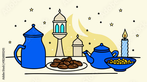 Still life with ramadan objects and crescent moon