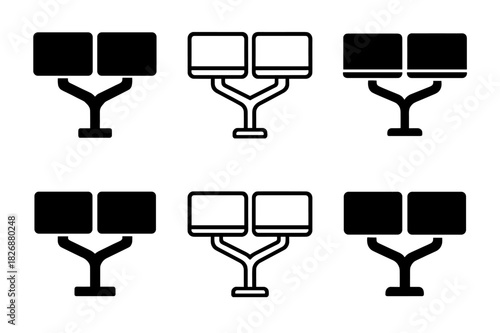 Remote Work Logos. Remote work setups and home office environments. Icon set. Set Logo of Remote work setups and home office environments: dual-monitor arm.