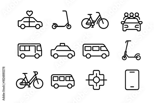 Shared Mobility Icons. Shared mobility. Line icon set of shared mobility: rideshare car, e-scooter, bike share, carpool, shuttle bus, taxi, vanpool, docked