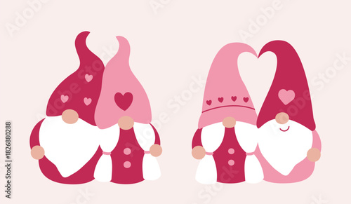 Valentine's Day gnomes couples flat vector illustration set.
Funny gnomes celebrate Valentine's Day clipart design.