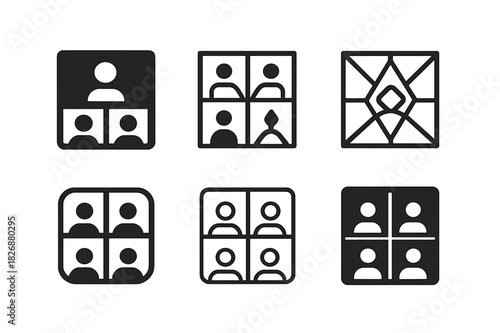 Digital Conference Logos. Digital conferences. Icon set. Set Logo of online events: video call participants grid. harmonious logo variations of the same