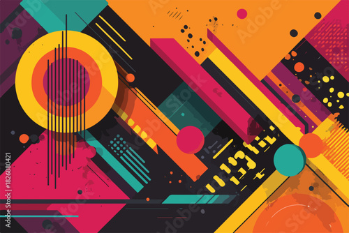 Fondo abstracto vectorial dinámico con formas geométricas superpuestas y colores vibrantes, ideal para diseños modernos y creativos.