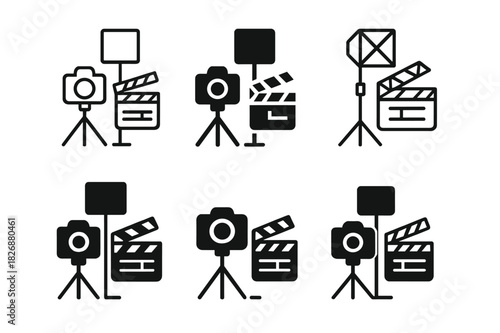 Creative Production Icons. Behind-the-Scenes Content Tips. Icon set. Set Logo of creative production: camera and clapperboard in studio setup. harmonious logo