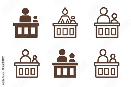 Courtroom Logo Variations. Courtroom scene with defendant. Icon set. Set Logo of courtroom: legal panel and individual. harmonious logo variations of the same