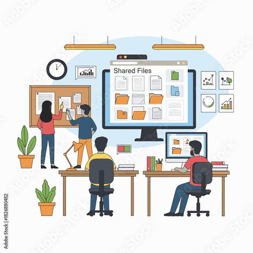 Diverse team of colleagues working collaboratively on shared files and documents in the office.