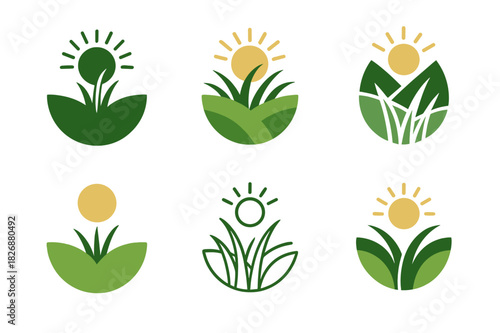 Grassland Restoration Logos. Grassland rehabilitation. Icon set. Set Logo of grassland rehabilitation: Restored ecosystem with sun. harmonious logo variations