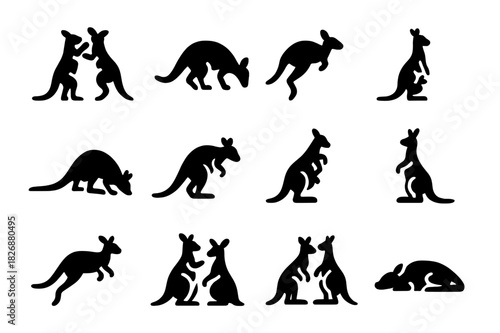 Kangaroo Icons Set. Kangaroo behavior. Solid icon set of Kangaroo behavior: boxing pose, grazing, hopping, alert stance, resting kangaroo, sniffing,