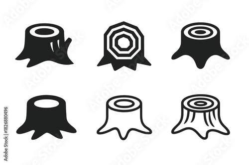 Forestry Logo Collection. Loggers cutting trees in forests. Icon set. Set Logo of forestry work: tree stump with growth rings. harmonious logo variations of