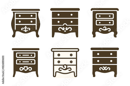 Vintage Craftsmanship Icons. Restoring antique furniture and home items. Icon set. Set Logo of vintage craftsmanship: restored dresser with detail. harmonious