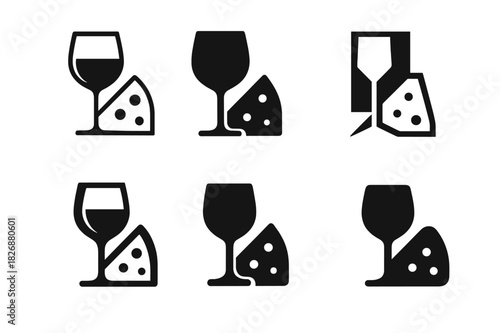 Wine and Cheese Icons. Drink pairings. Icon set. Set Logo of Drink pairings: wine glass and cheese wedge. harmonious logo variations of the same emblematic