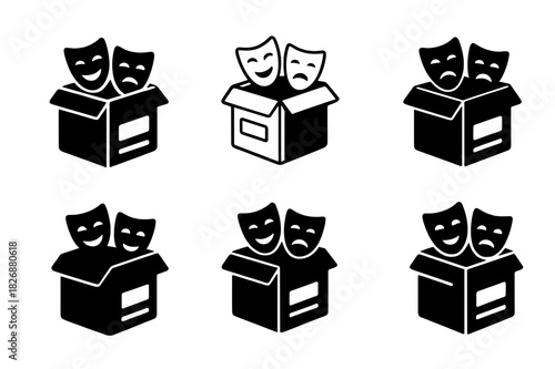 Theater Rehearsal Icons. Theater rehearsal scene. Icon set. Set Logo of Theater rehearsal scene: prop box with labels. harmonious logo variations of the same