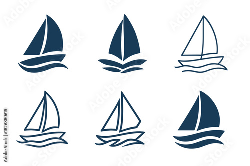 Water Sports Icons. Water sports. Icon set. Set Logo of water sports: sailboat gliding across curved waves. harmonious logo variations of the same emblematic