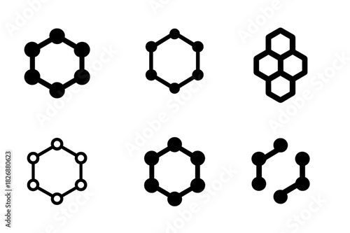 Molecule Icon Variations. Molecules. Icon set. Set Logo of molecules: hexagonal chemical bond. harmonious logo variations of the same emblematic concept, each