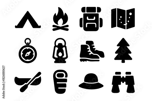 Camping Adventure Icons. Summer Outdoor Fun. Solid icon set of tent, campfire, backpack, map, compass, lantern, hiking boots, tree, canoe, sleeping bag, hat,