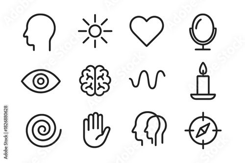 Self-Awareness Icon Set. Self-awareness. Line icon set of self-awareness: human head, light ray, heart, mirror, eye, brain, wave, candle, compass, spiral,