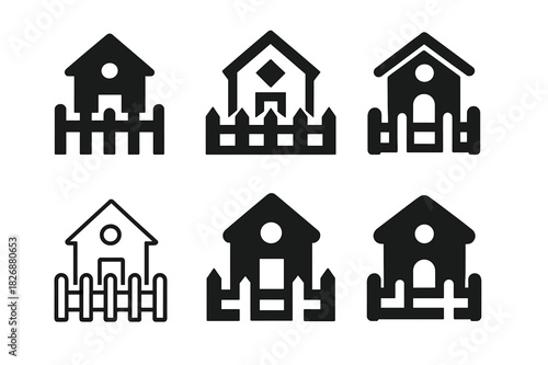 Outdoor Playhouse Icons. Outdoor playhouse. Icon set. Set Logo of outdoor playhouse: fenced play area. harmonious logo variations of the same emblematic