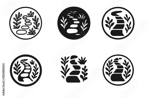 Stone Path Icons. Decorative stone paths through a garden with plants on both sides. Icon set. Set Logo of Decorative stone paths through a garden with plants