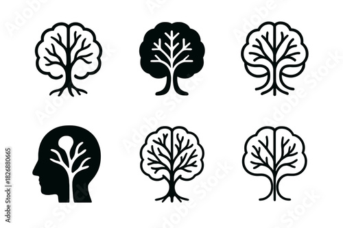 Creative Neuroscience Logos. Neuroscience of creativity. Icon set. Set Logo of creative neuroscience: abstract neuron tree. harmonious logo variations of the