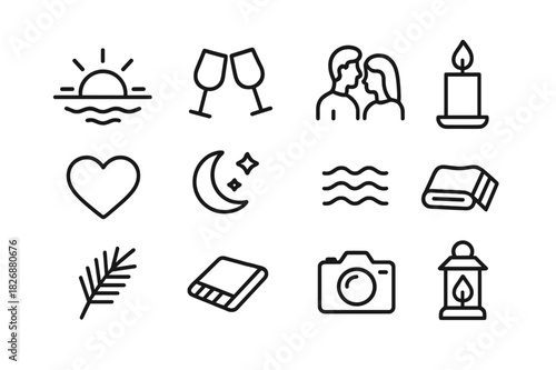 Romantic Evening Icons. Romantic evening. Line icon set of romantic evening: sunset, wine glasses, couple, candle, heart, moon, stars, waves, palm leaf,