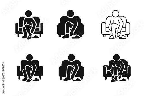 Indoor Slippers Logos. Putting on indoor slippers. Icon set. Set Logo of putting on indoor slippers: slippers on floor beside sofa. harmonious logo variations