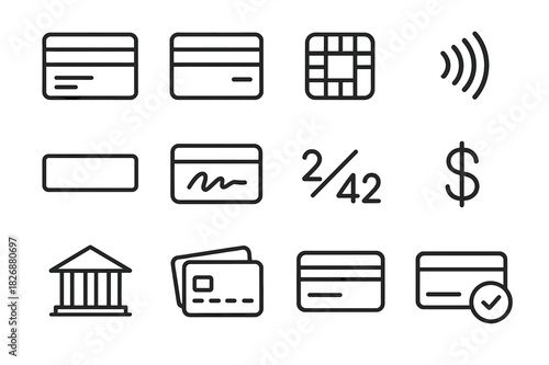 Credit Card Icon Set. Credit Card Icons. Line icon set of Credit Card Icons: credit card front, credit card back, chip, magnetic stripe, contactless payment