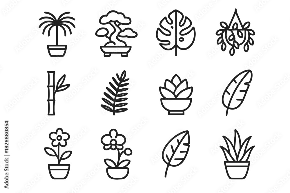 Obraz premium Exotic Plant Icons. Exotic plant accents. Line icon set of exotic plant accents: potted palm, bonsai tree, tropical leaf, hanging plant, bamboo stalk, fern,