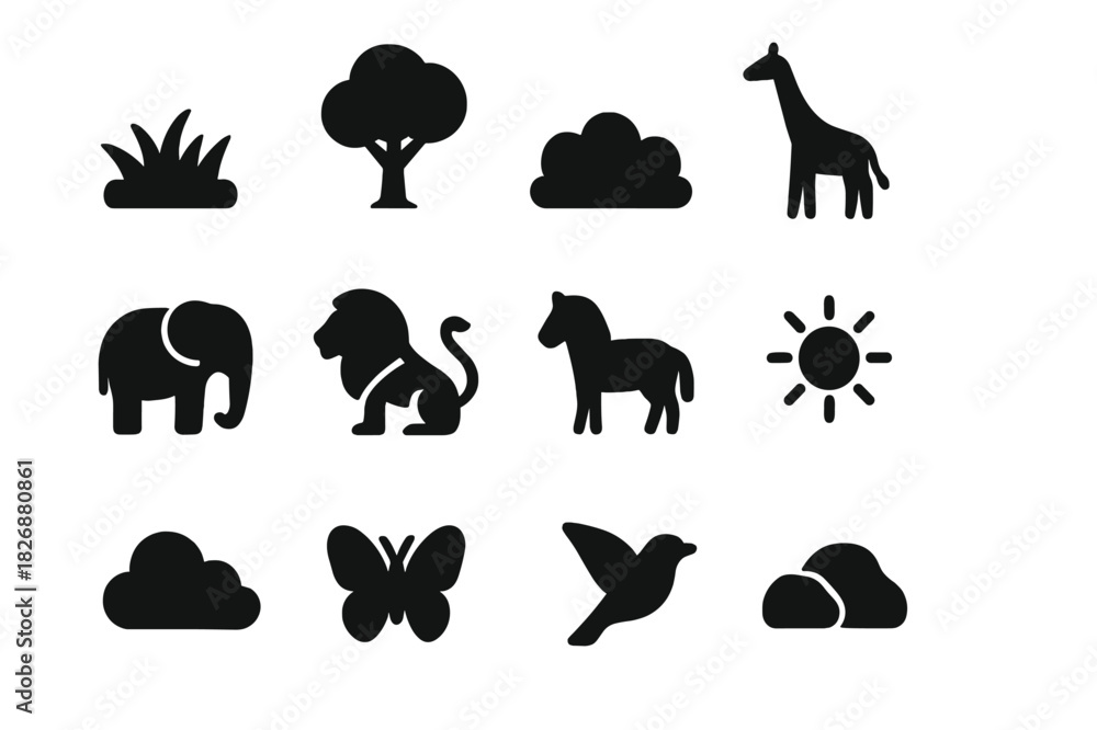 Obraz premium Grassland Icons Grid. Grassland scene. Solid icon set of Grassland scene: grass patch, tree, bush, giraffe, elephant, lion, zebra, sun, cloud, butterfly, bird,