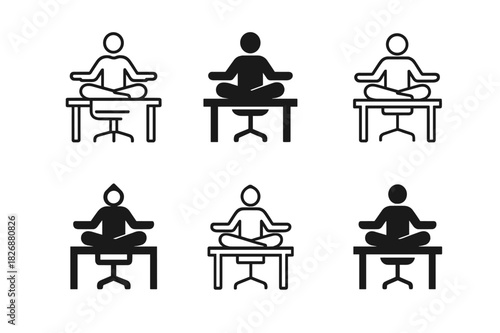 Work-Life Balance Icons. Preventing Burnout and Work-Life Balance. Icon set. Set Logo of Preventing Burnout and Work-Life Balance: person meditating at desk.